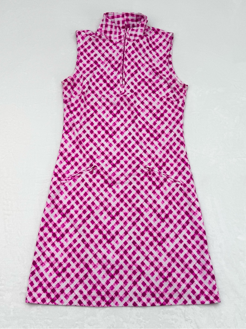 IBKUL Women's XS Gingham Check Print Sleeveless Zip Mock Dress Pink - Picture 2 of 7